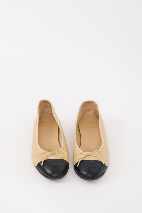 Chanel Beige 
Black Leather CC Ballet Flat