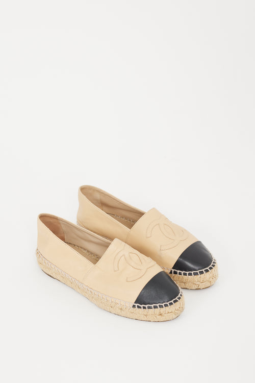 Chanel Beige 
Black Leather CC Espadrille