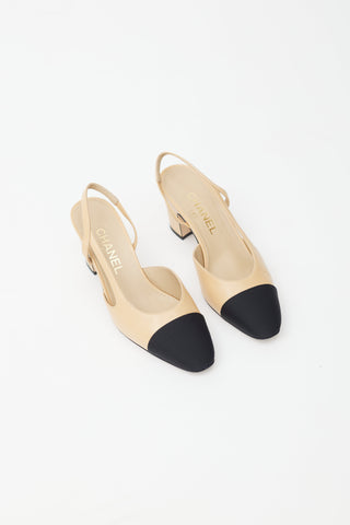 Chanel Beige 
Black Leather Slingback Pump