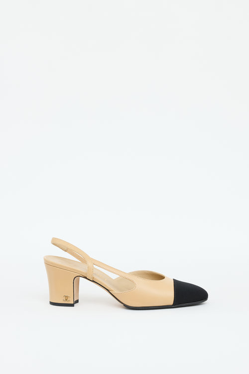 Chanel Beige 
Black Leather Slingback Heel