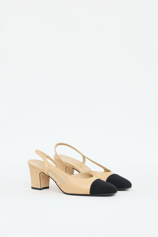 Chanel Beige 
Black Leather Slingback Heel