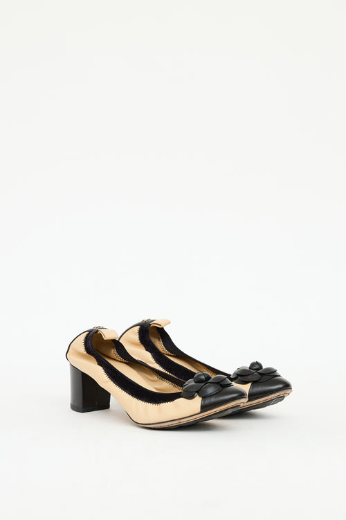 Chanel Beige 
Black Leather Camelia Heel