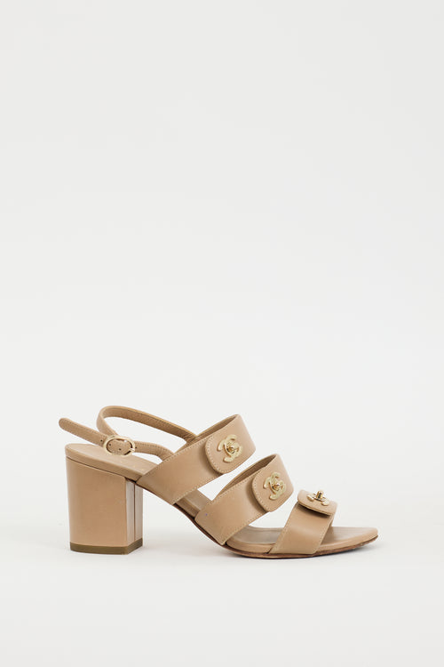 Chanel Beige 
Gold Leather Strappy Sandal