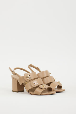 Chanel Beige 
Gold Leather Strappy Sandal