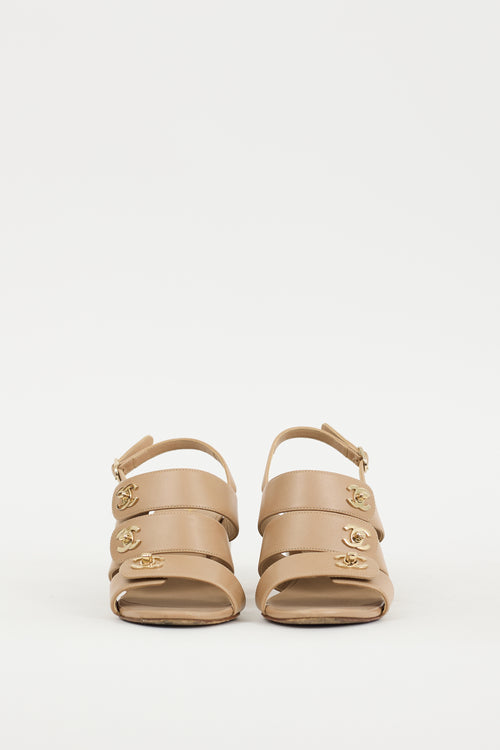 Chanel Beige 
Gold Leather Strappy Sandal