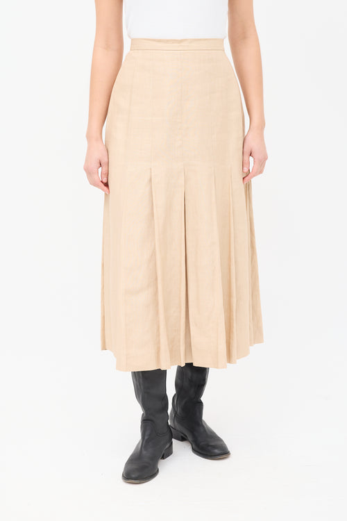 Chanel Vintage Beige Linen Pleated Midi Skirt