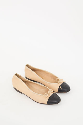 Chanel Beige 
Black Leather CC Ballet Flat