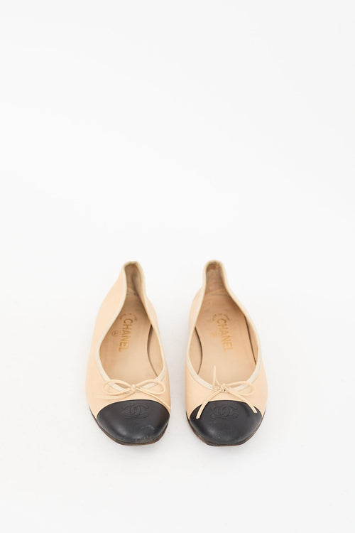 Chanel Beige 
Black Leather CC Ballet Flat