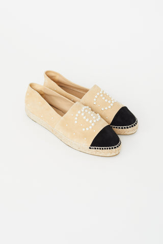 Chanel Beige 
Black Suede Pearl Logo Espadrille Flat