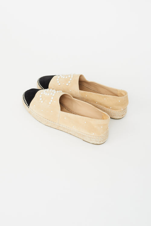 Chanel Beige 
Black Suede Pearl Logo Espadrille Flat