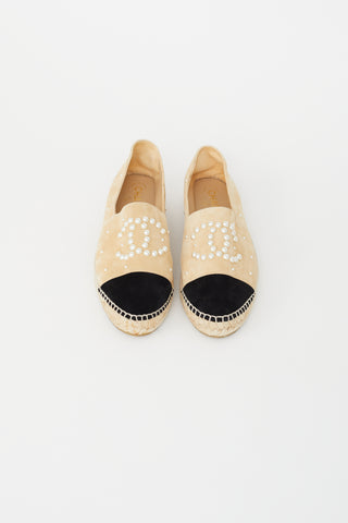 Chanel Beige 
Black Suede Pearl Logo Espadrille Flat