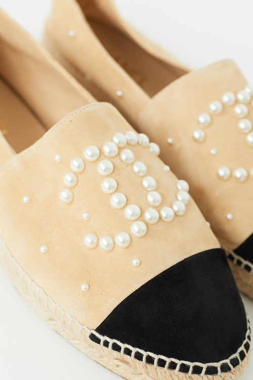 Chanel Beige 
Black Suede Pearl Logo Espadrille Flat