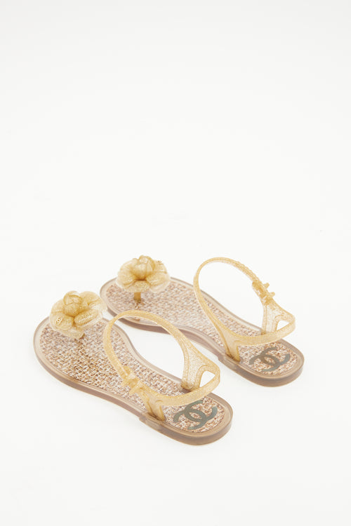 Chanel Beige 
Gold Camellia Jelly Sandal