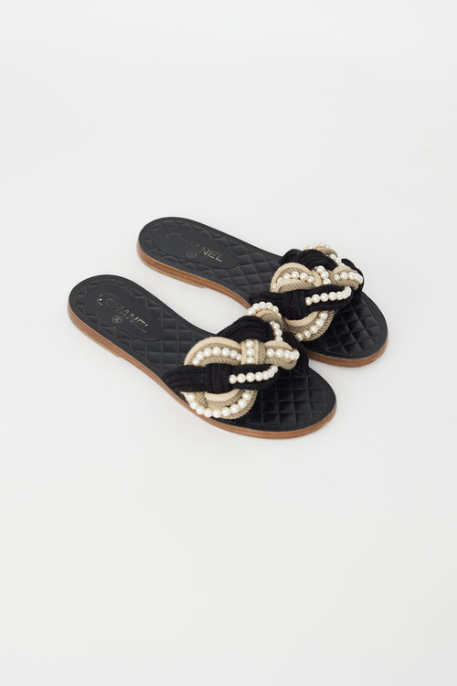 Chanel Black 
Beige Rope Pearl Slide