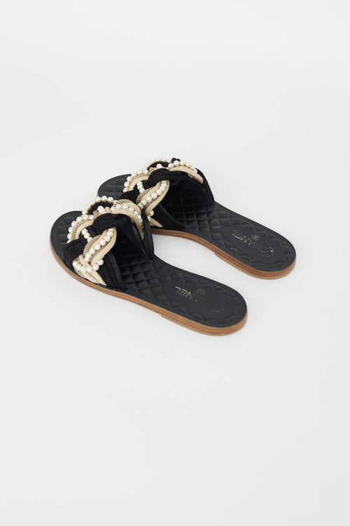 Chanel Black 
Beige Rope Pearl Slide