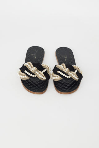 Chanel Black 
Beige Rope Pearl Slide