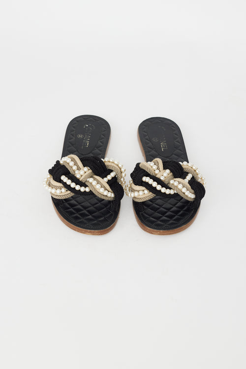 Chanel Black 
Beige Rope Pearl Slide