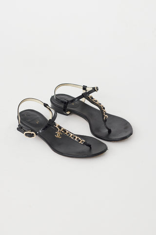 Chanel Black 
Gold Chain CC T-Strap Sandal