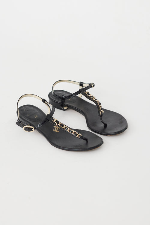 Chanel Black 
Gold Chain CC T-Strap Sandal