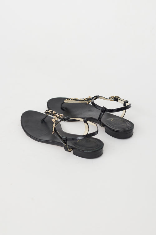 Chanel Black 
Gold Chain CC T-Strap Sandal