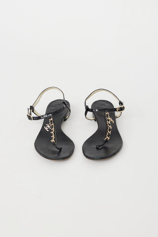 Chanel Black 
Gold Chain CC T-Strap Sandal