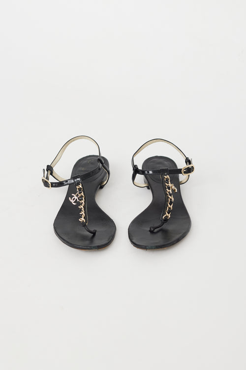 Chanel Black 
Gold Chain CC T-Strap Sandal