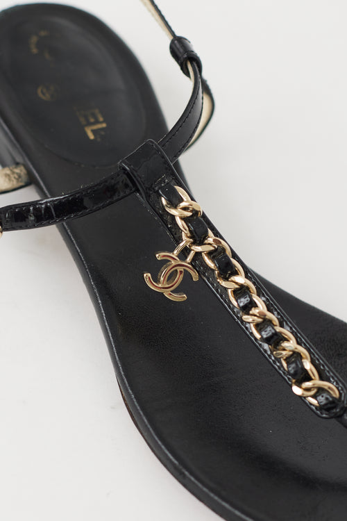 Chanel Black 
Gold Chain CC T-Strap Sandal