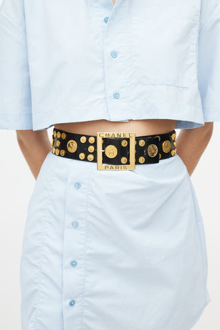 Chanel Black 
Gold Coin Leather Belt