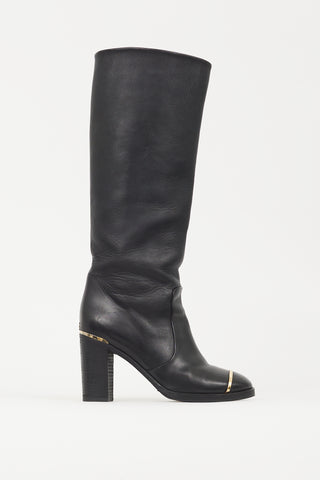 Chanel Black 
Gold Leather Riding Boot