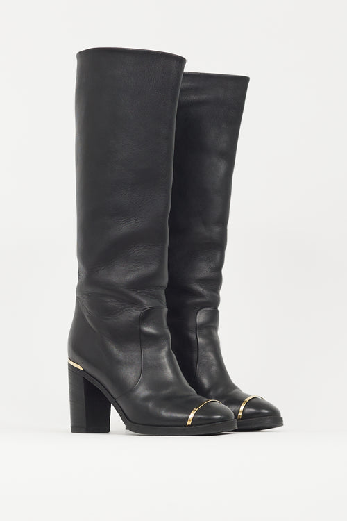 Chanel Black 
Gold Leather Riding Boot