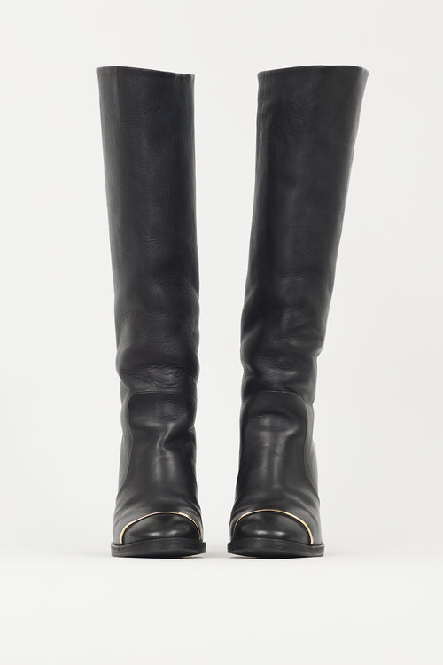 Chanel Black 
Gold Leather Riding Boot