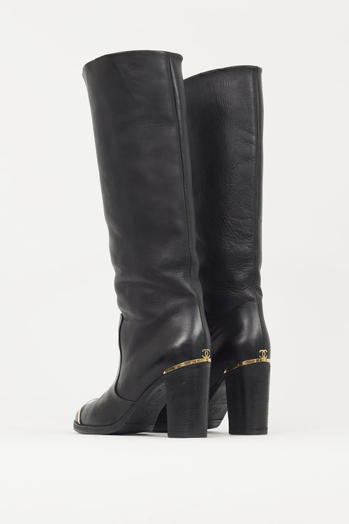 Chanel Black 
Gold Leather Riding Boot