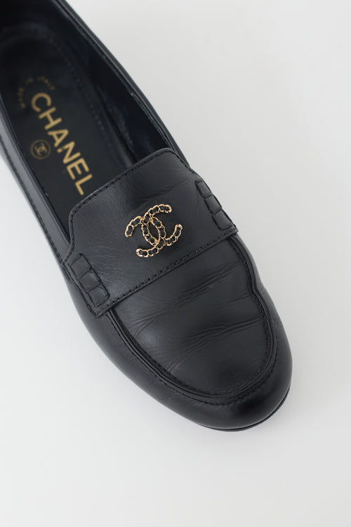 Chanel Black 
Gold Leather Chainlink Loafer