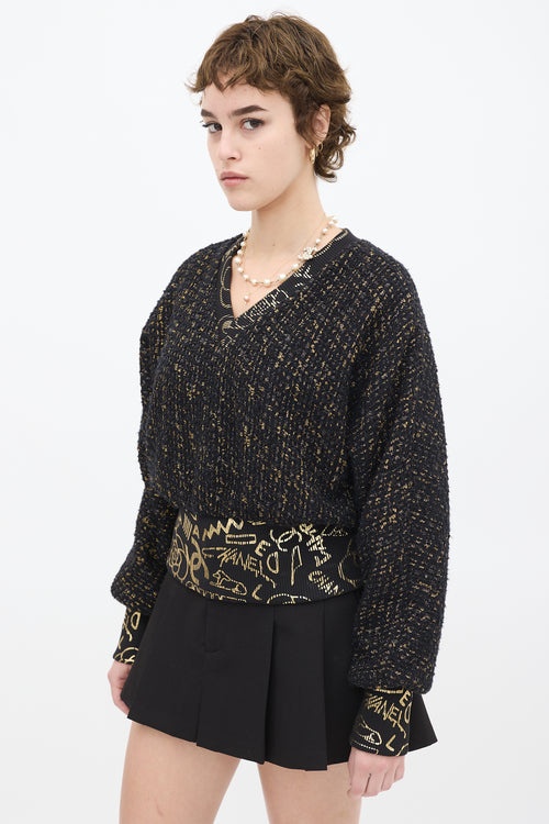 Chanel Black 
Gold Tweed Graffiti V-Neck Sweater