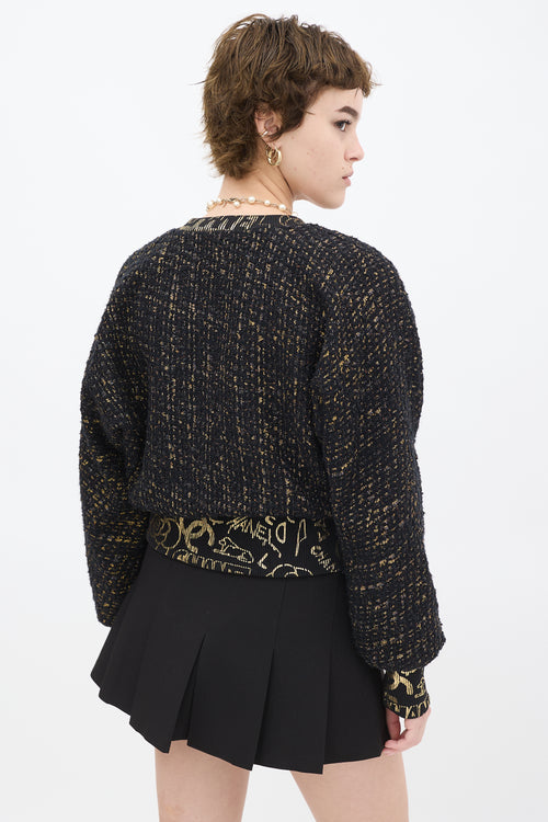 Chanel Black 
Gold Tweed Graffiti V-Neck Sweater