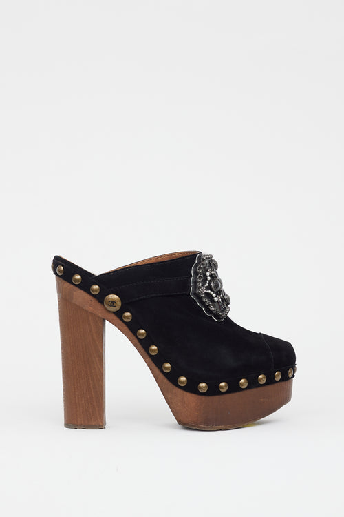 Chanel Black 
Brown Suede Embellished Platform Clog