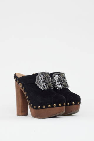 Chanel Black 
Brown Suede Embellished Platform Clog