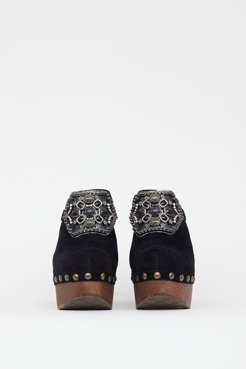 Chanel Black 
Brown Suede Embellished Platform Clog