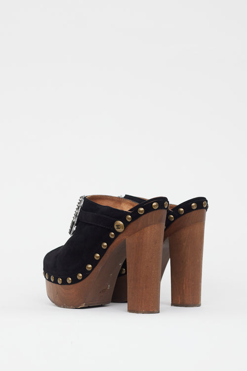 Chanel Black 
Brown Suede Embellished Platform Clog