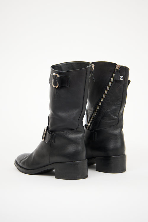 Chanel Black Leather CC Biker Boot