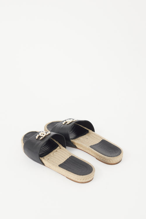 Chanel Black Leather Pearl CC Logo Espadrille Slide