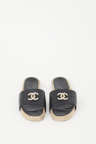 Chanel Black Leather Pearl CC Logo Espadrille Slide