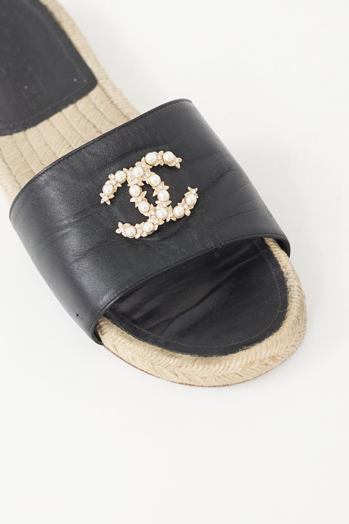 Chanel Black Leather Pearl CC Logo Espadrille Slide