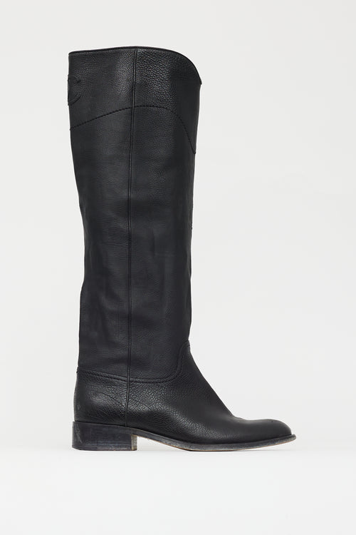 Chanel Black Leather CC Embossed Knee High Boot