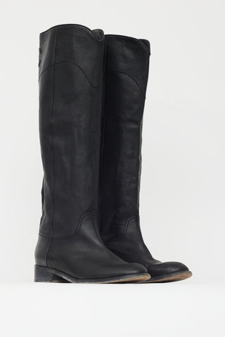 Chanel Black Leather CC Embossed Knee High Boot