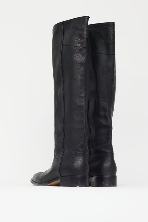 Chanel Black Leather CC Embossed Knee High Boot