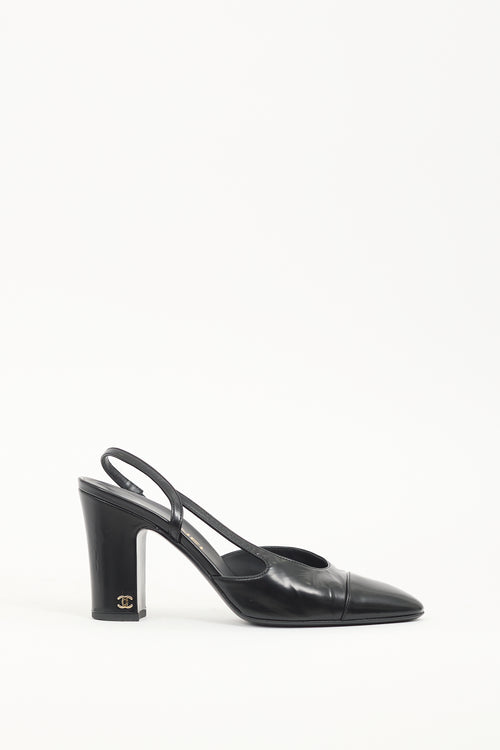 Chanel Black Leather CC Slingback Pump