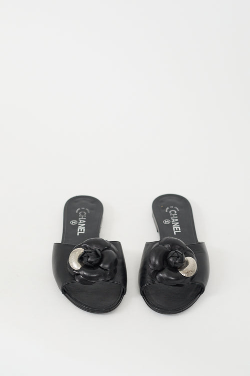 Chanel Black Leather Camellia Slide