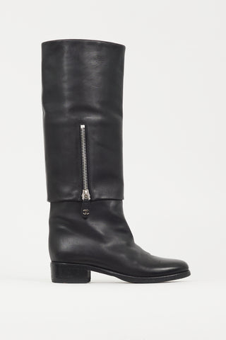 Chanel Black Leather Bombay Folded Riding Boot