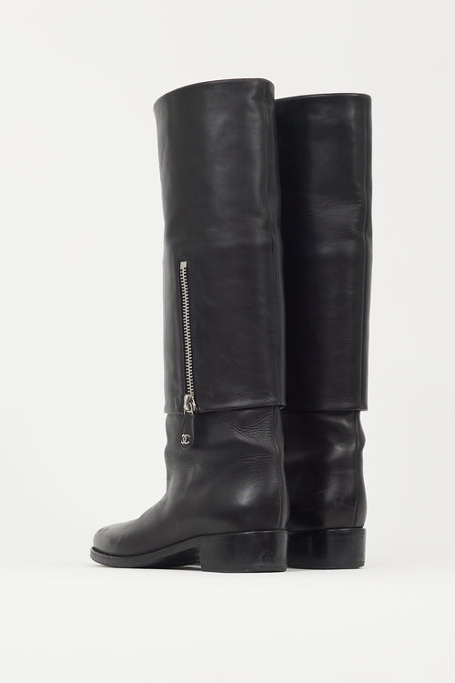 Chanel Black Leather Bombay Folded Riding Boot